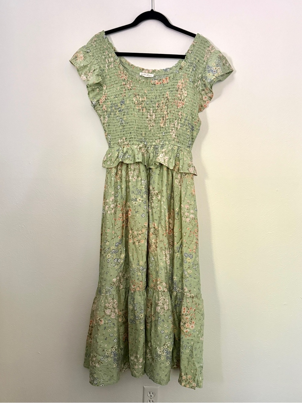 By The River Green Smocked Stretchy Tiered Ruffle Floral Midi Dress